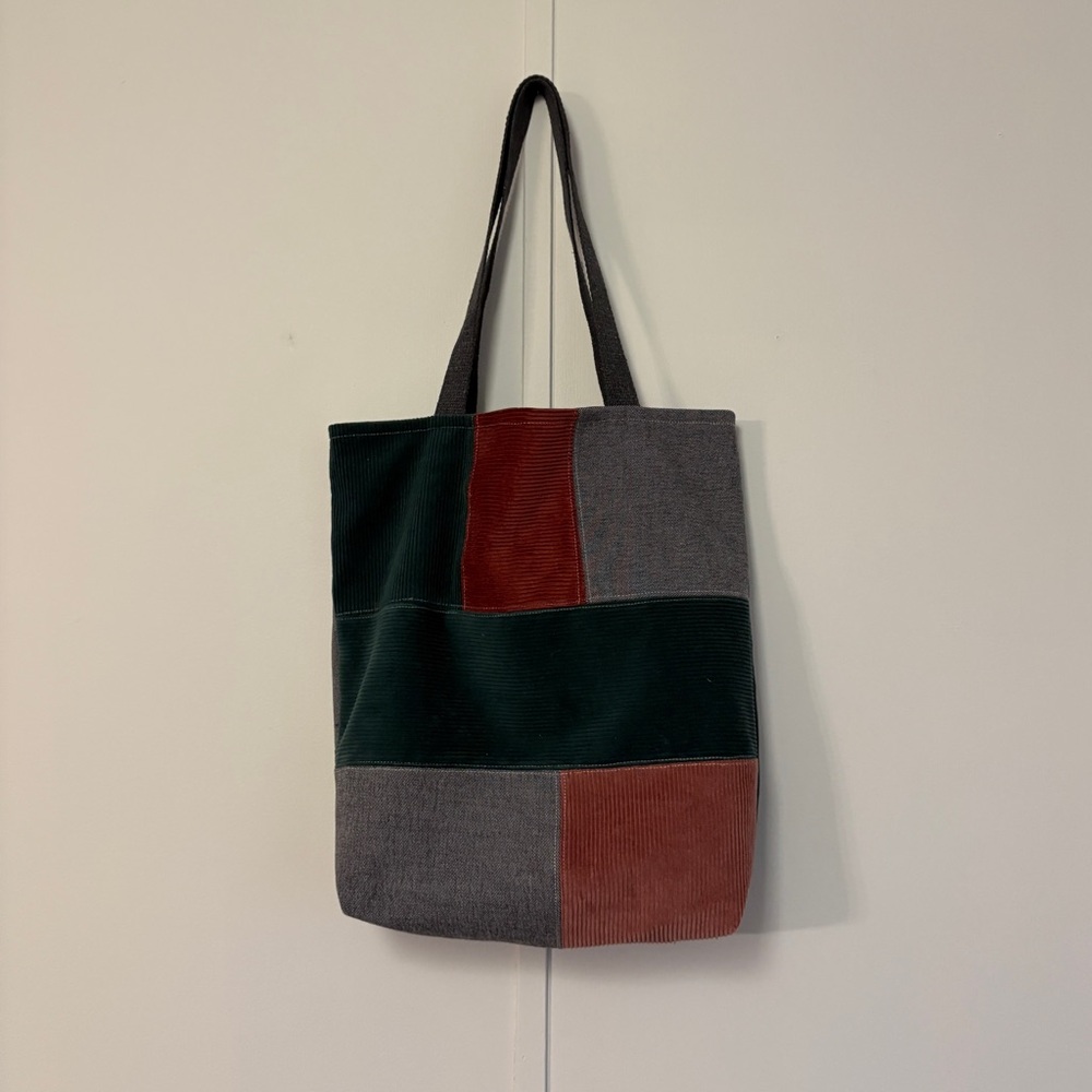 Corduroy Patchwork Tote Bag - Green, Burgundy and Gray Shopping Market NWT